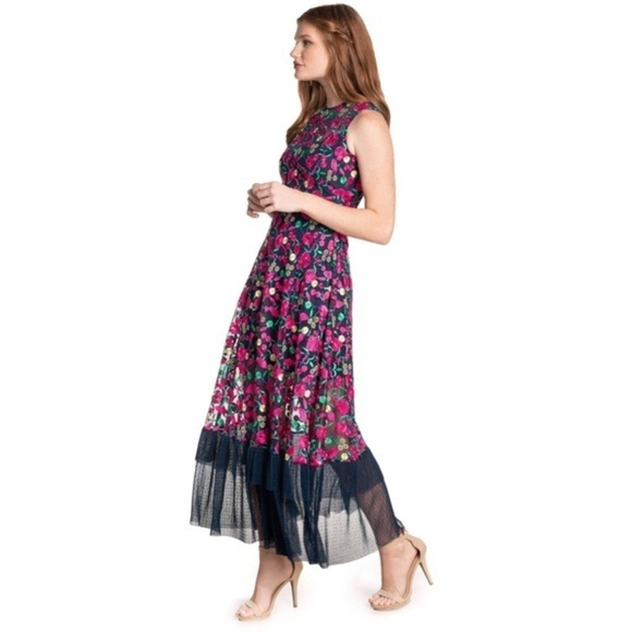 NWT $298 Dress The Population Bright Floral Embroidered Dress Navy 0055 - Picture 2 of 16